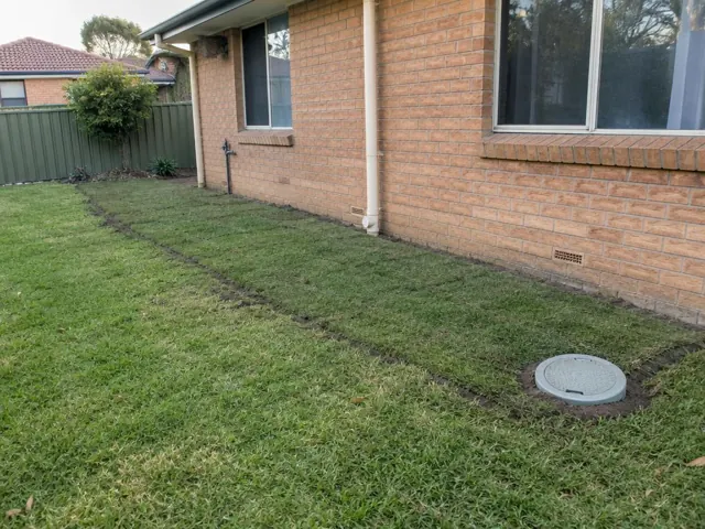 Reinstated grassy trench beside a brick house with a round sewer access lid in Doonside